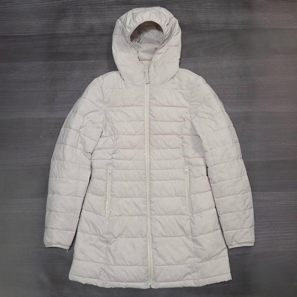 Abercrombie & Fitch Long Coat Womens M Cream Long Hooded Puffer Jacket Quilted